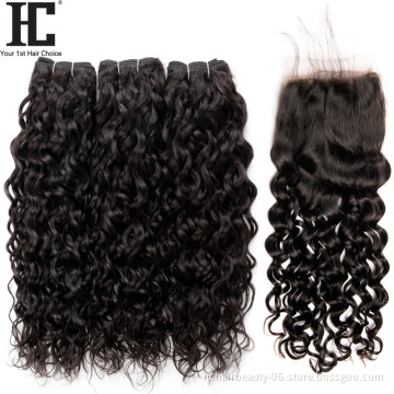 Raw Indian hair New Products Water Weave Bundles With Closure Natural Color Water Wave 3 Bundles With Closure